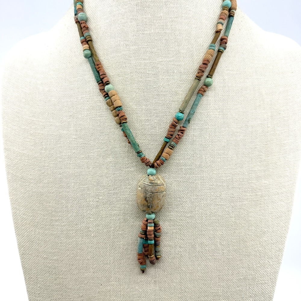 Southwestern Style Scarab Tassel Necklace Earthy Beaded Layered Festival Jewelry